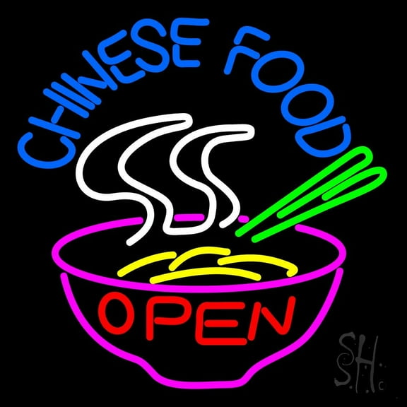 Chinese Food Open Bowl LED Neon Sign 24 x 24 - inches, Black Square Cut Acrylic Backing, with Dimmer - Bright and Premium built indoor LED Neon Sign for restaurant window and interior decor.