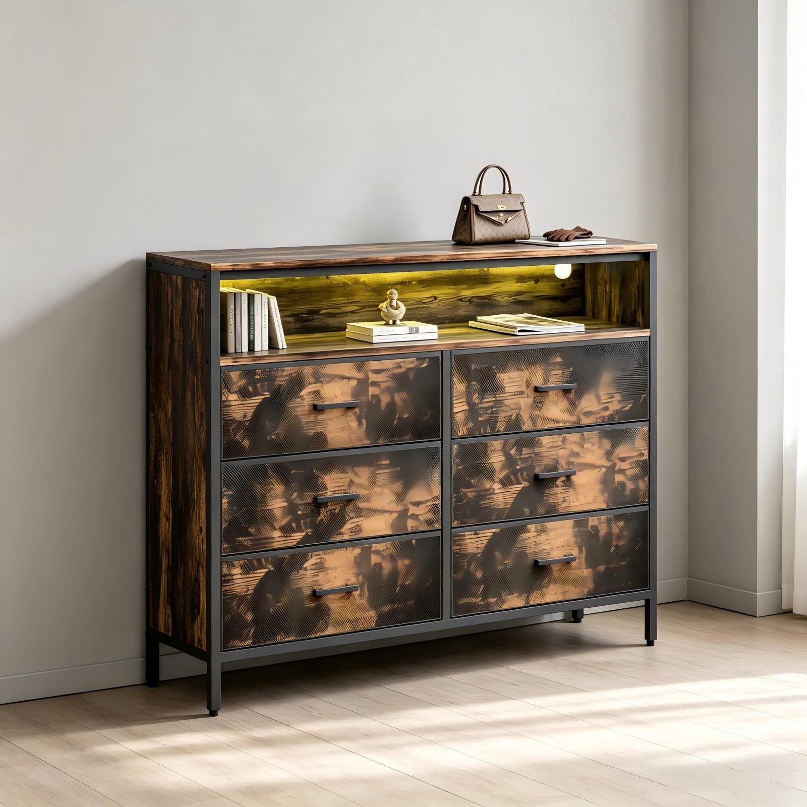 6-Drawer TV Cabinet with RGB Light Strip and Power Hub, 45 x 11.8 x 34.3 in, Rotten Wood