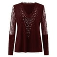 thumbnail image 4 of Pompotops Women Sexy Rhinestone V-Neck Lace Splice Mesh Long Sleeve Pullover Top Blouse T-Shirt, 4 of 5