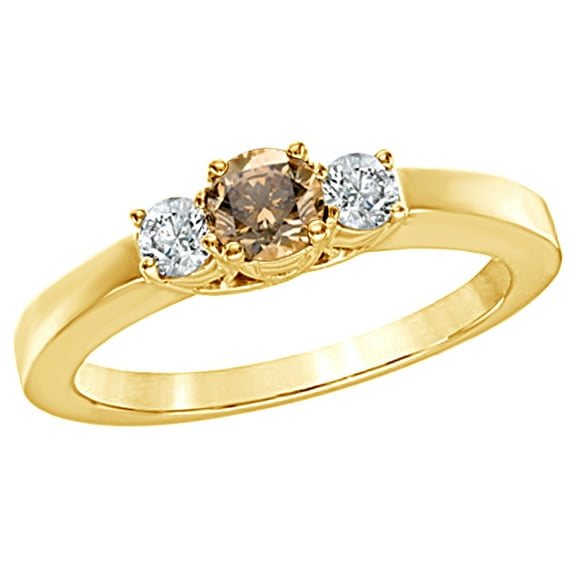 Champagne & White Natural Diamond Three Stone Engagement Ring in 14k Yellow Gold