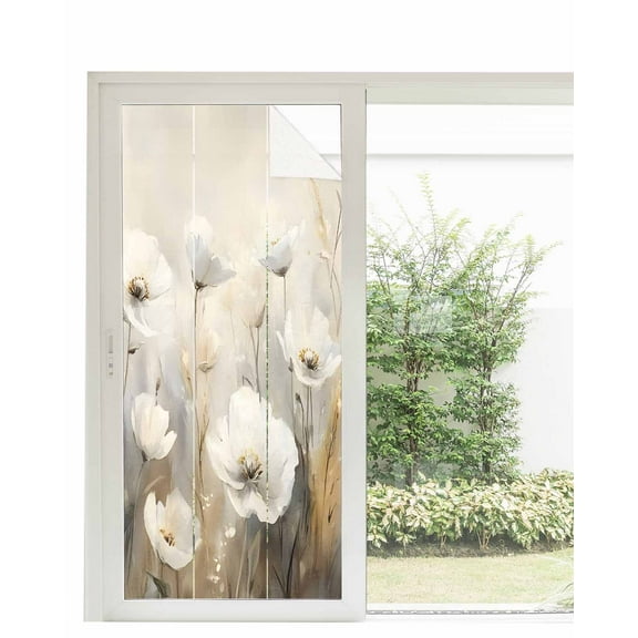Window Privacy Film White Spring Floral Stained Glass Window Film Decorative Sun Block Window Cover Modern Oil Painting Pastoral Window Clings Static Adhesive Sticker for Bathroom 35.4"x78.7"