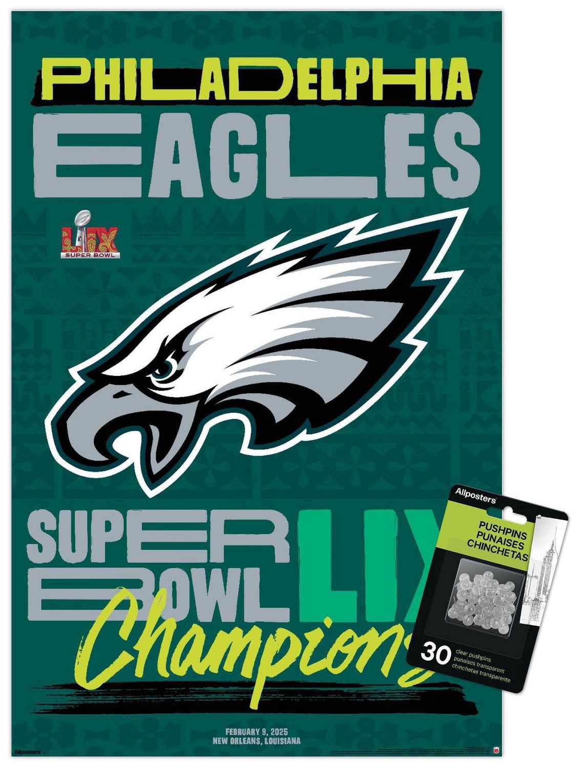 NFL Philadelphia Eagles - Super Bowl LIX Team Logo Wall Poster, 22.375" x 34" Framed