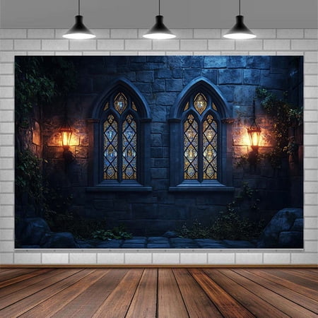 10x8ft Medieval Gothic Castle Backdrop Arched Windows with Stained Glass Dim Horror Light Photography Background Haunted House Halloween Theme Escape Party Halloween Evil Party Decorations