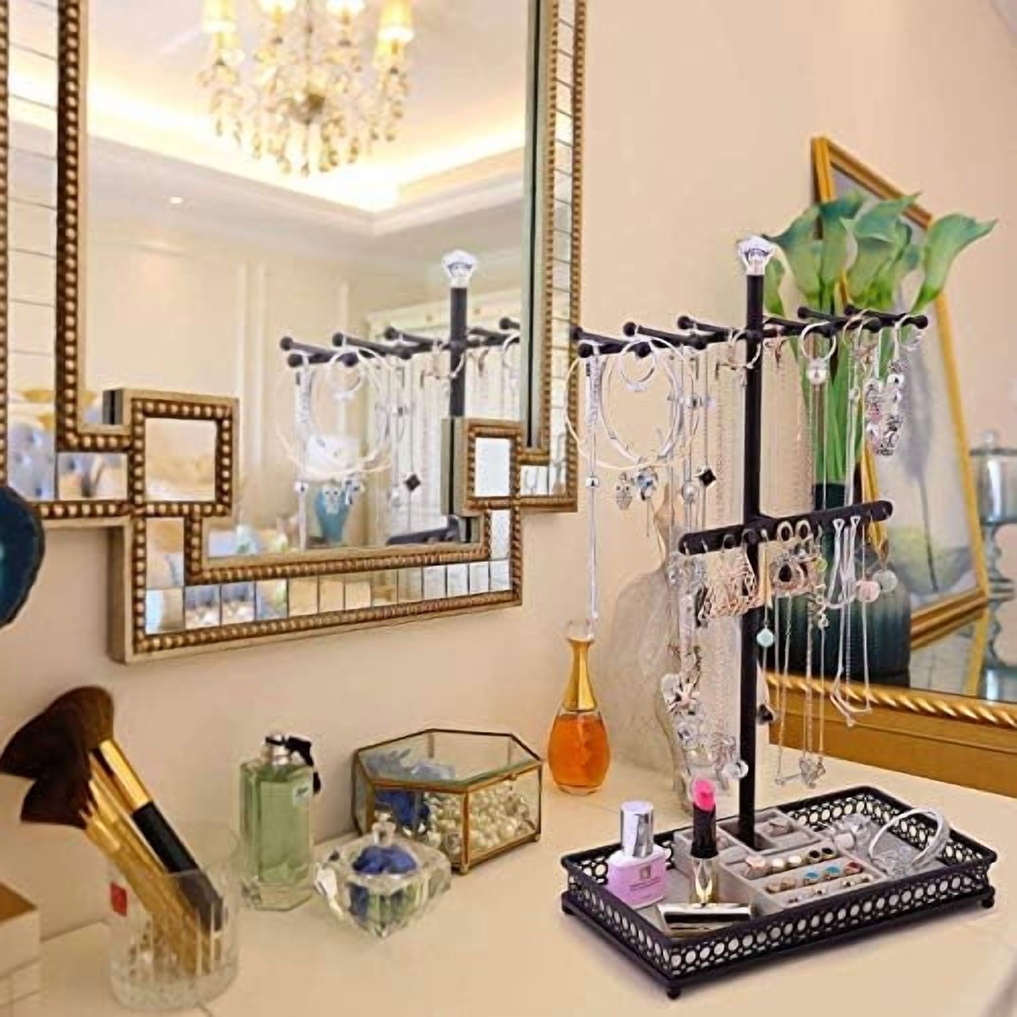 Jewelry Tree Stand Organizer 3in1 Necklace Organizer Display Bracelet Earrings and Ring Tray Jewelry Holder Hanger Metal（Black）