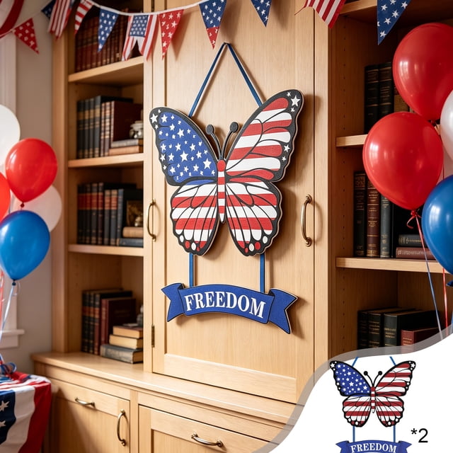 Letrero redondo de madera con diseño patriótico de estrellas y rayas – Adorno colgante para el Día de la Independencia, ideal para la puerta principal, la pared o una mesa.