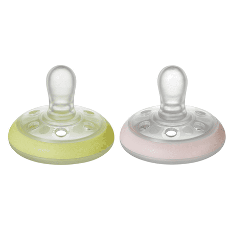 Tommee Tippee Breast-Like Pacifier Night, Glow in the Dark, Skin-Like Texture, Symmetrical Design, BPA-Free Binkies, 0-6m, 2-Count, Pink/Yellow