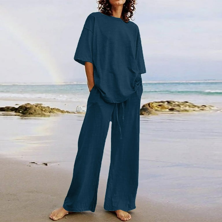 Cheap Two-Piece Suit Summer Women Boho Beach Style Print Underwear Loose  Wide Leg Pants 2pcs Outfits Casual Sets
