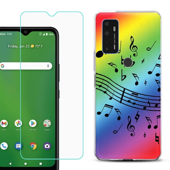 Shockproof Bumper Phone Case for AT&T Radiant Max 5G / Fusion 5G, with Tempered Glass Screen Protector, by OneToughShield ® - Music Notes / Rainbow