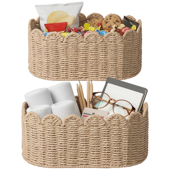 2PCS Woven Storage Baskets, Handwoven Basket with Scalloped Edge, Decorative Organizer for Home, Kitchen, and Desktop, Large 15.99" x 9.75" x 7.02", Small 13.65" x 7.8" x 6.05"