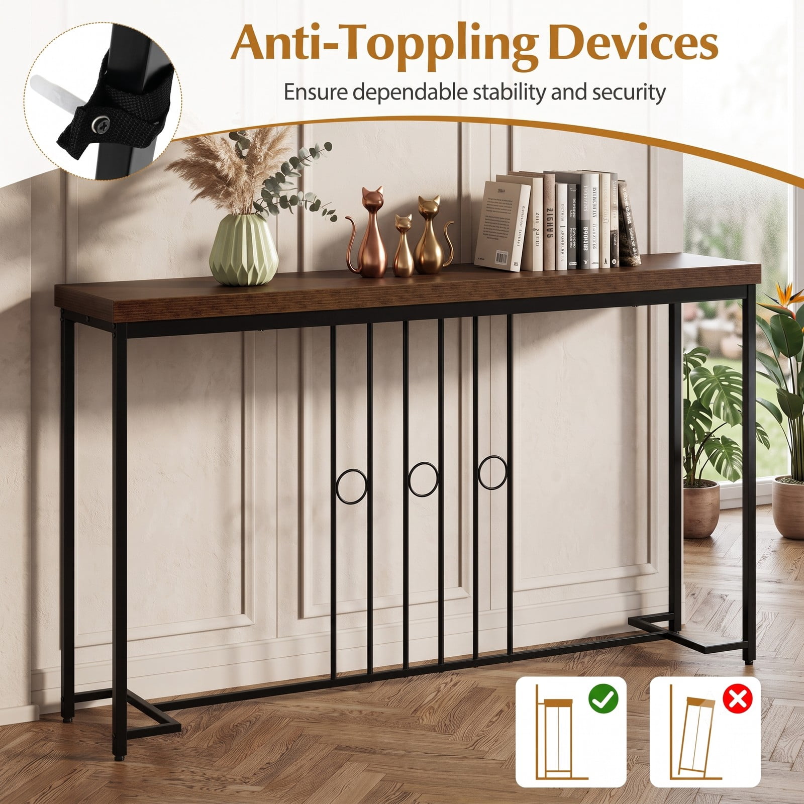 Furnibear 55 Inch Industrial Console Table with Spacious Wood Tabletop and H-Shaped Metal Base for Entryway and Living Room, Brown