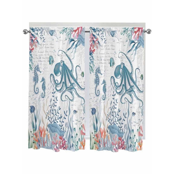 Coastal Octopus Bathroom Window Curtain, Summer Beach Nautical Ocean Coral Seahorse Light Filtering Coffee Kitchen Curtains, Bedroom Living Room Curtains 2 Panel 84"x63"