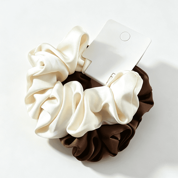 Prichor Recycled Satin Oversized Scrunchies, Large Hair Scrunchies for Women, Eco-Friendly Hair Ties & Ponytail Holders, Camel & Cream 2-Piece Set