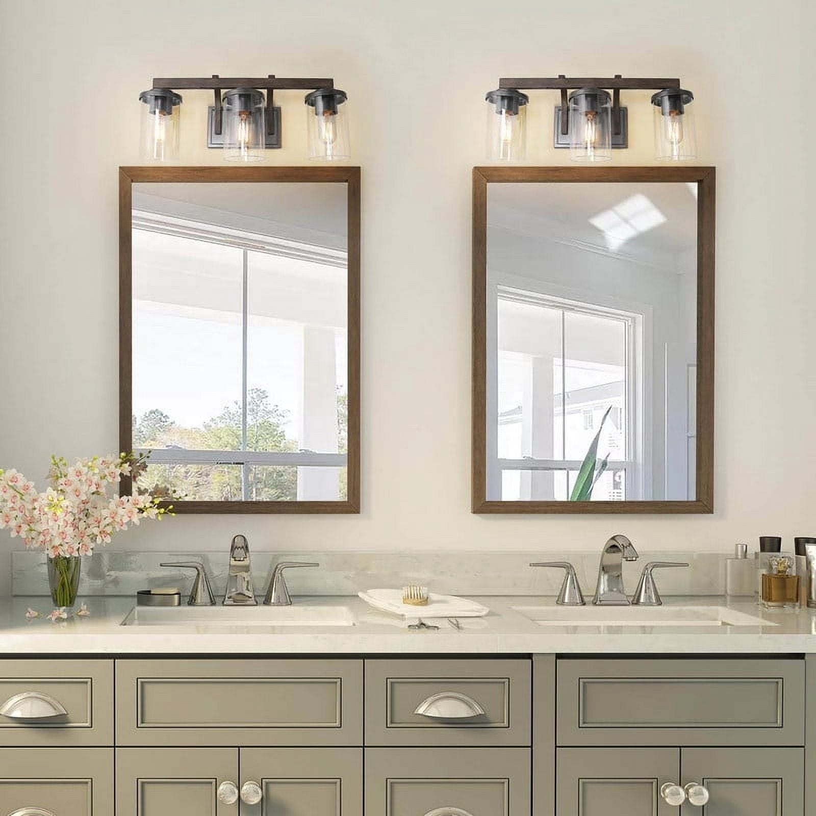 LNC Farmhouse 3-Light Vanity Light with Wood and Glass, 20-Inch Rustic Bathroom Fixture