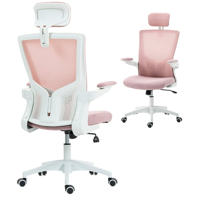 HOMCOM Ergonomic Office Chair, Desk Chair with Adjustable Headrest, Pink