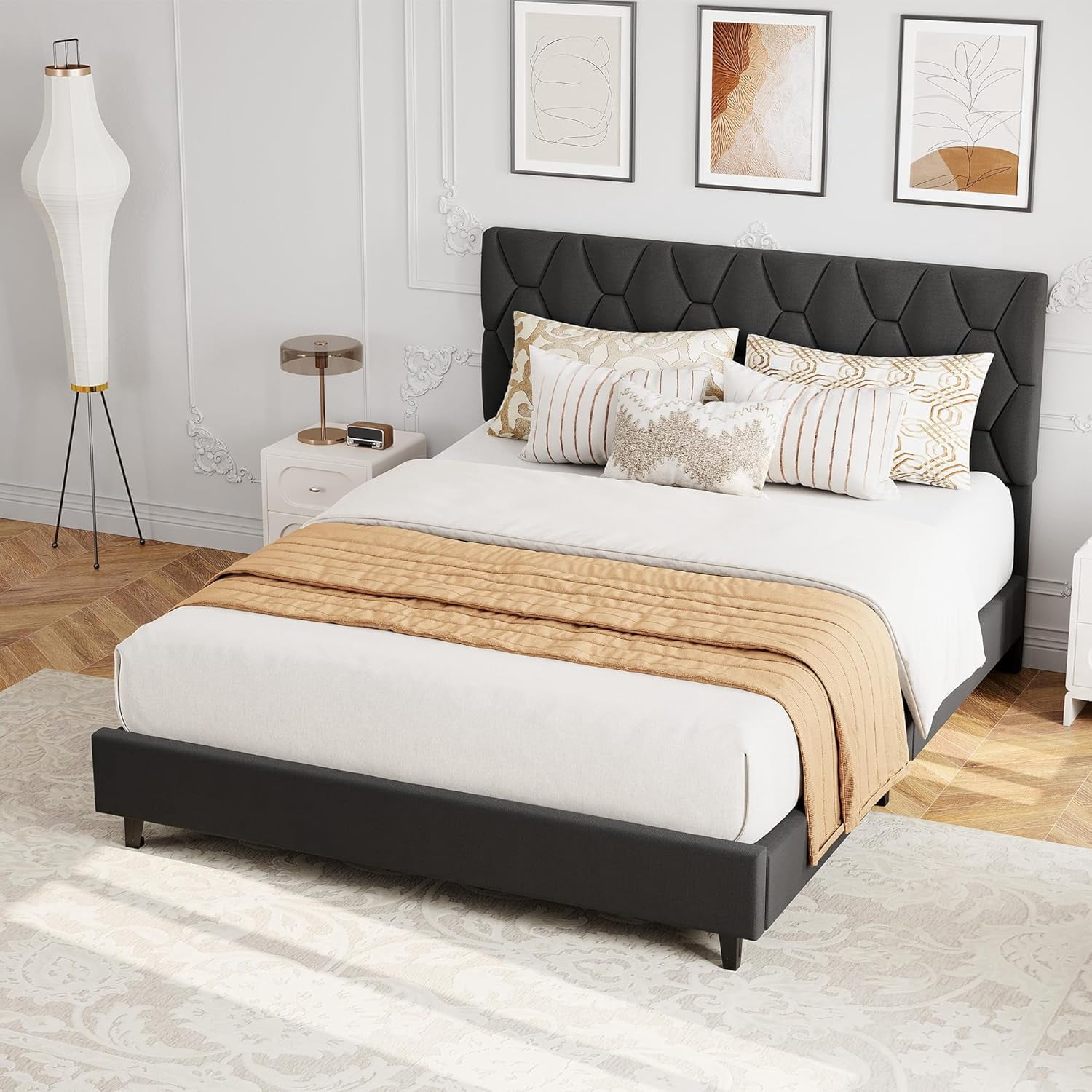 IDEALHOUSE Grey Queen Bed Frame with Upholstered Headboard, Heavy-Duty Platform Bed Frame with Strong Wood Slats, No Box Spring Needed/Easy Assembly/Noise Free