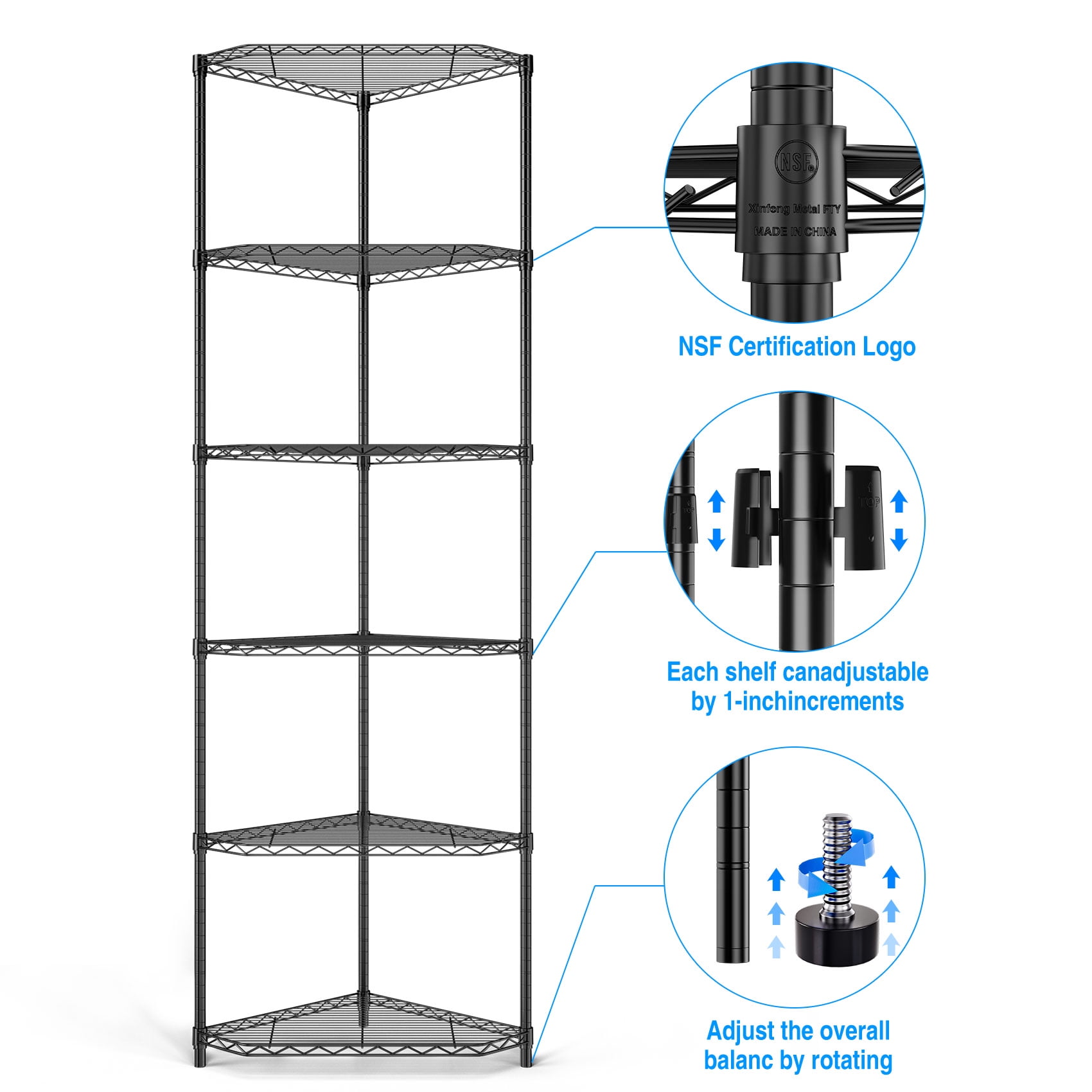 Pouseayar 6 Tier 600lbs Capacity Heavy Duty Corner Wire Shelving Unit, Metal Shelf Pentagonal Corner Storage Rack with Shelf Liners for Kitchen Garage Office, Black