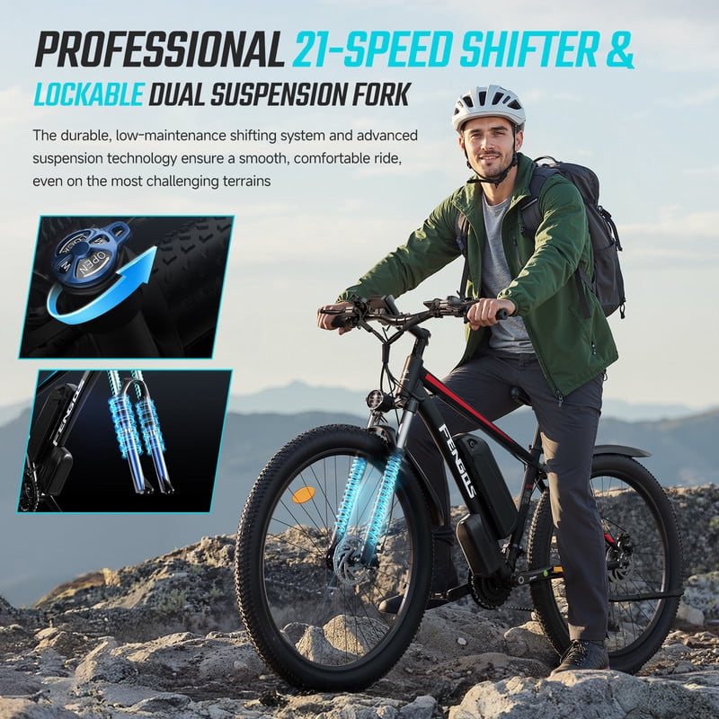 FENGQS 27.5" Electric Bike for Adults, 2000W Peak Power Motor Ebike, 35MPH 80Miles Electric Mountain Bike with 17.5AH Removable Battery-UL 2849, 21-Speed, Red