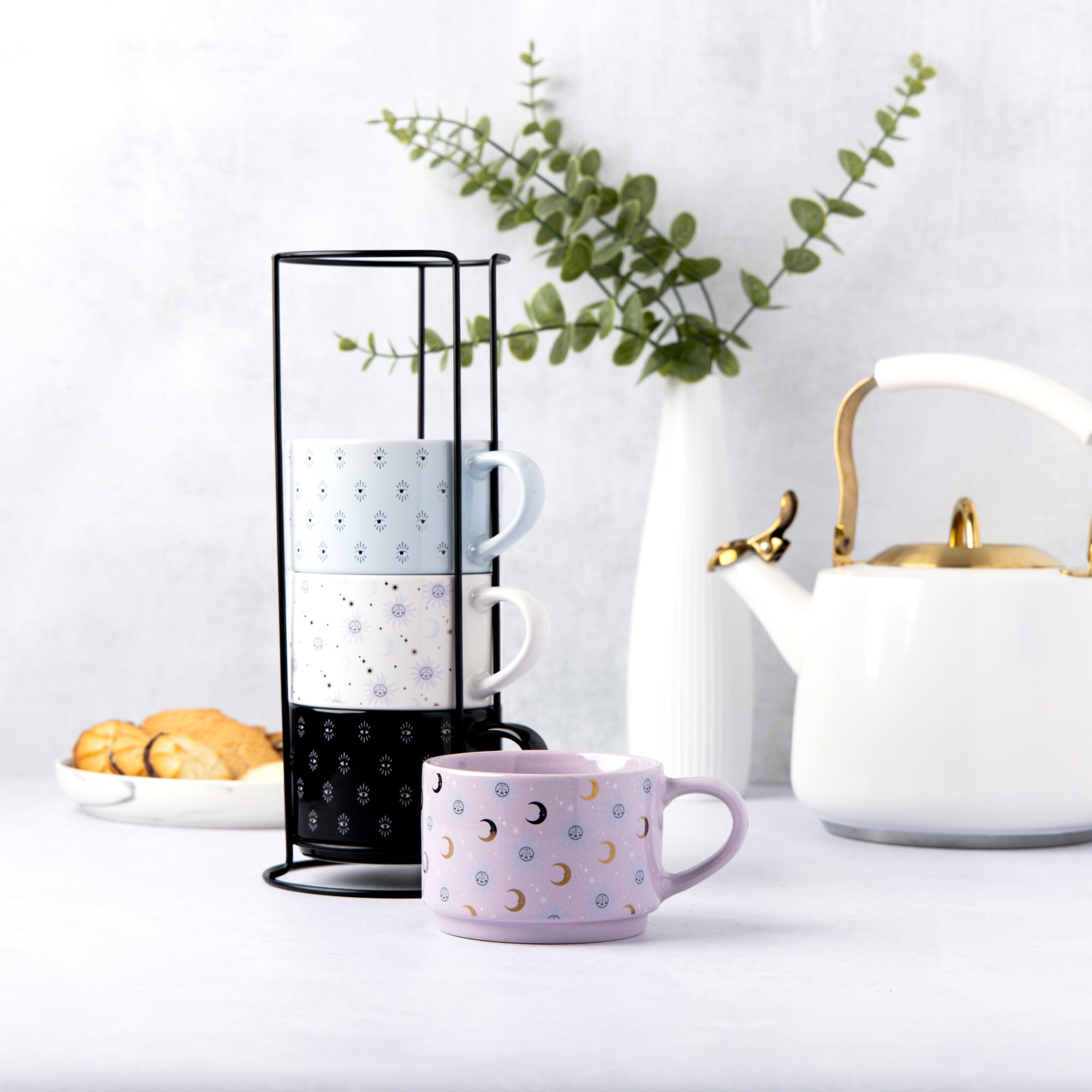 Thyme & Table 4 Pack Stacking Celestial Mugs, Assorted Colors 11.1 fl oz, Stoneware