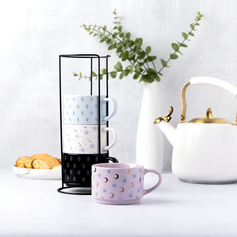 Thyme & Table 4 Pack Stacking Celestial Mugs, Assorted Colors 11.1 fl oz,  Stoneware