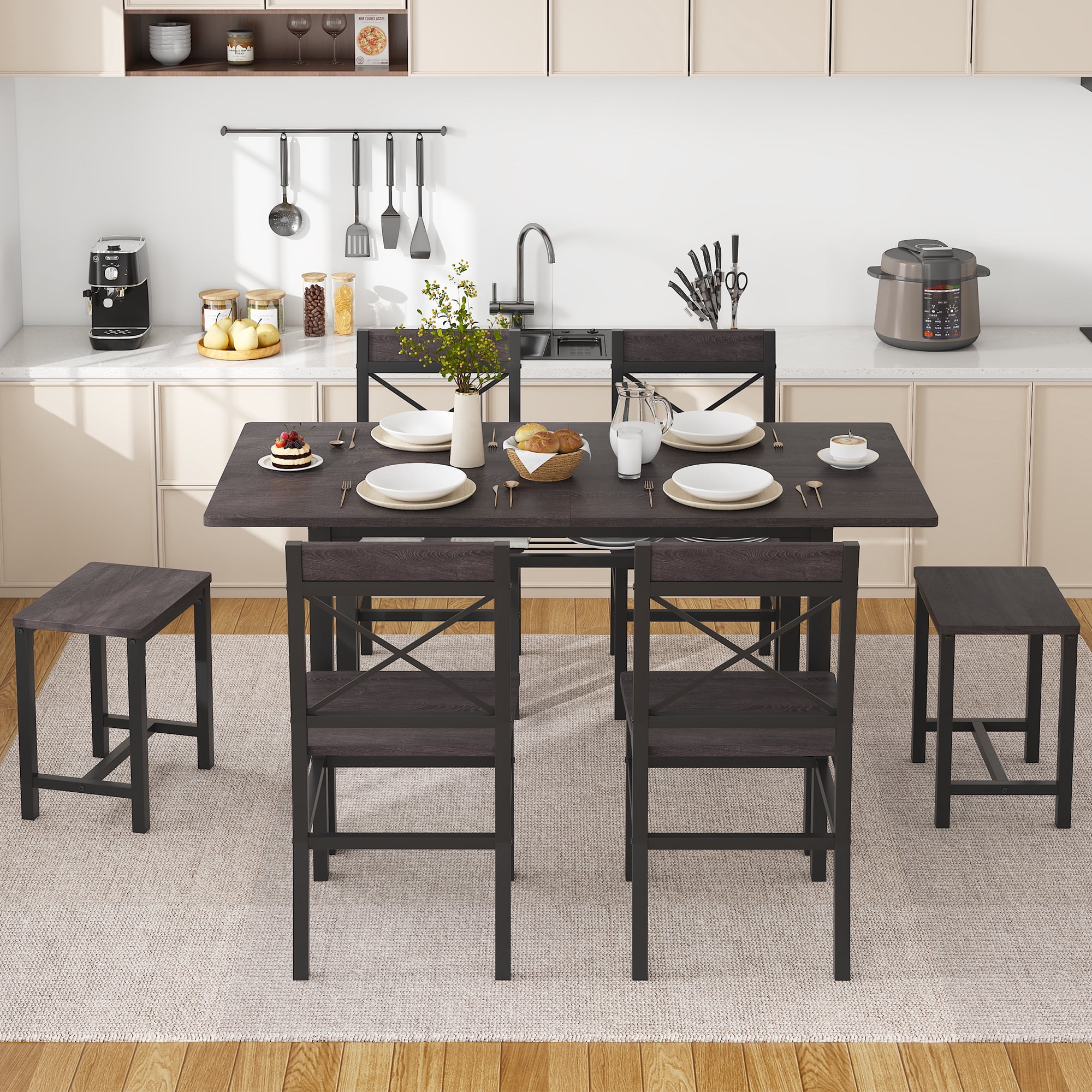 HOQBN Dining Table Set,Wooden Kitchen Table Set for 6,Farmhouse 7-Piece Dining Room Furniture for Small Space, Breakfast Nook, Apartment,Black