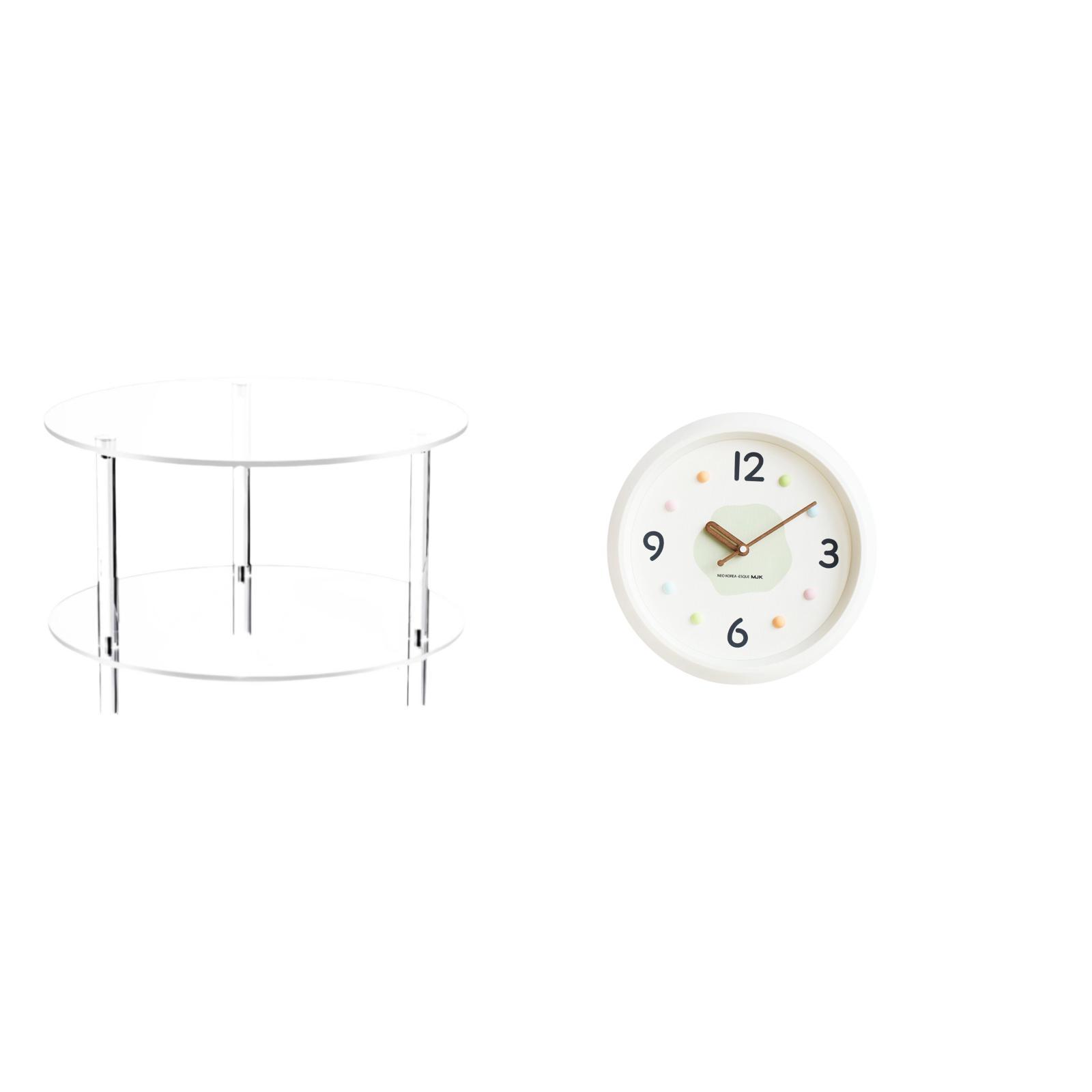 Tnarru Clear Acrylic Side Table with Modern Wall Clock Compact End Table for Drink NightStand Bedside Furniture Easy Assembly Quiet Large Numerals Decorative for Living Room Bathroom Home