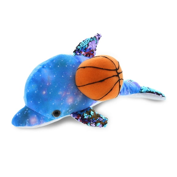 DolliBu Space Sequin Dolphin Stuffed Animal with Basketball Plush - Soft Huggable Dolphin, Adorable Playtime Plush Toy, Cute Ocean Life Gift, Basketball Plush Animal Toy for Kids, Adults - 12 Inch