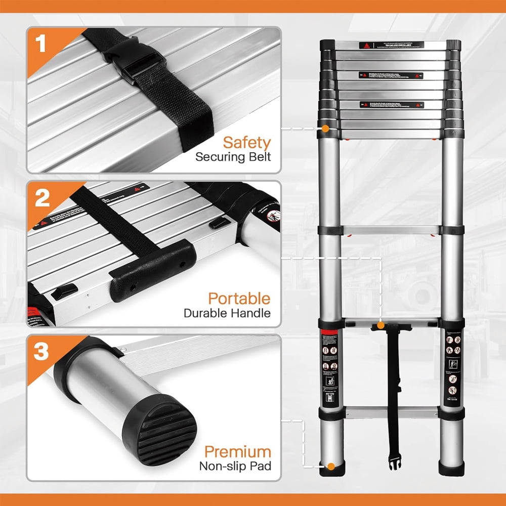 BOWEITI 12.5FT One-button Retraction Stainless Steel Telescoping Extension Ladder, Heavy Duty 330lbs Max Capacity, Multi-Purpose Collapsible Ladder for RV or Outdoor Work