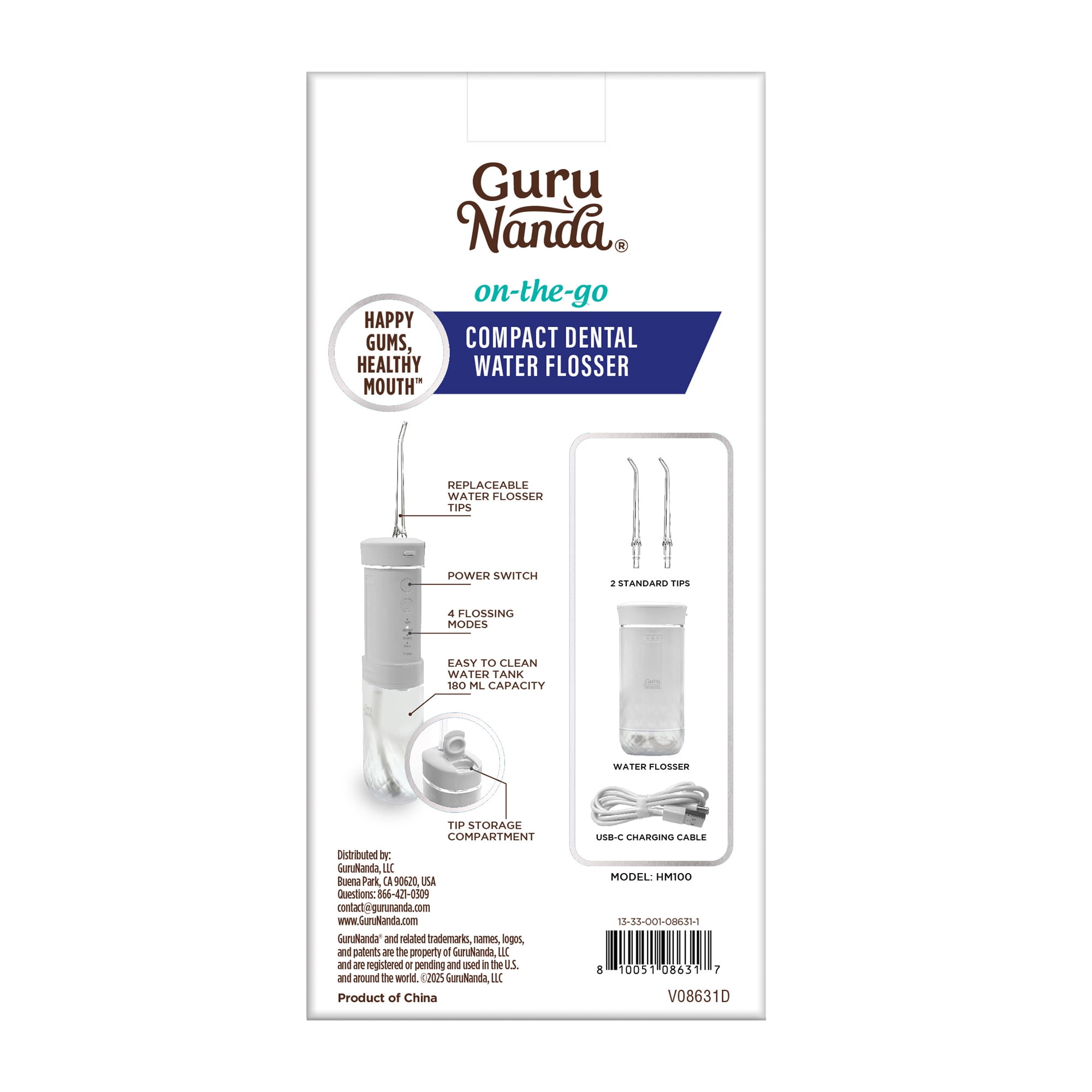 GuruNanda Compact Dental Water Flosser - Travel Size Oral Irrigation - 180ml Tank- White