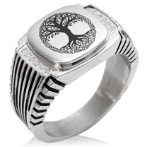 Stainless Steel Yggdrasil Great Tree of Life Viking Norse CZ Ribbed Needle Stripe Pattern Biker Style Polished Ring