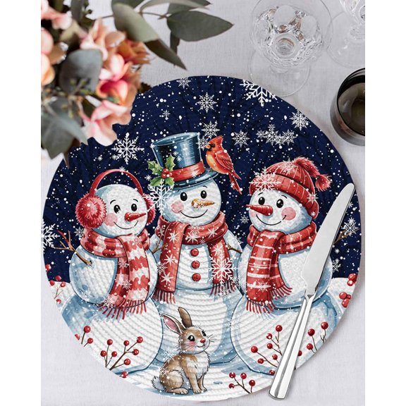 15 Inch Round Placemats Set of 6, Christmas Snowman Non Slip Heat Insulation PP Table Mats, Winter Xmas Snowflakes Cardinal Blue Washable Place Mats for Kitchen Dining Party Table Decor