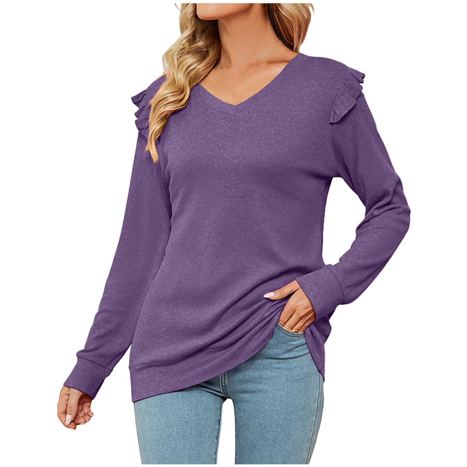 Women Casual Long Sleeve Shirt Solid Color Long Sleeve Ruffle V-Neck T-Shirt Blouse Lightweight Sweatshirts Top