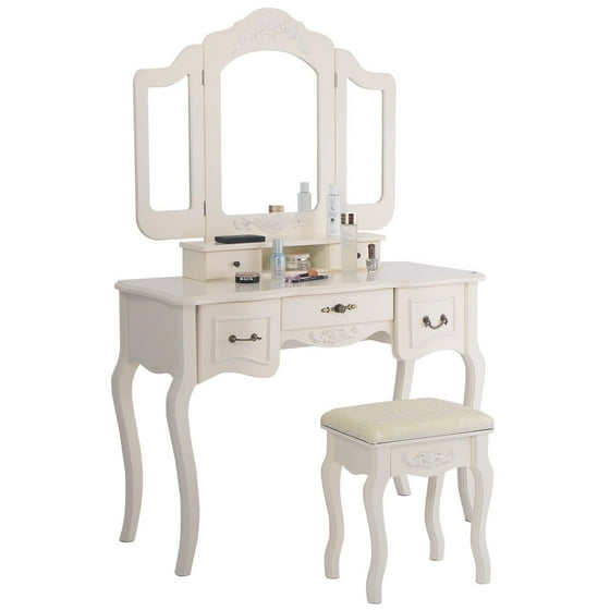 Costway Tri Folding Vintage White Vanity Makeup Dressing Table Set Costway Tri Folding Vintage White Vanity Makeup Dressing Table Set Bathroom 5 Drawers Stool