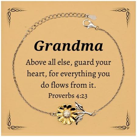 Grandma Sunflower Bracelet Engraved Proverbs 4:23 Inspirational Gift for Mothers Day, Birthday, Christmas, and Easter