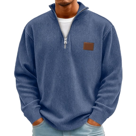 Men's Vintage Corduroy Long-Sleeve Top | Zip-Up Stand Collar Stylish Casual Shirt For Daily & Outing Wear, Size: S-5XL