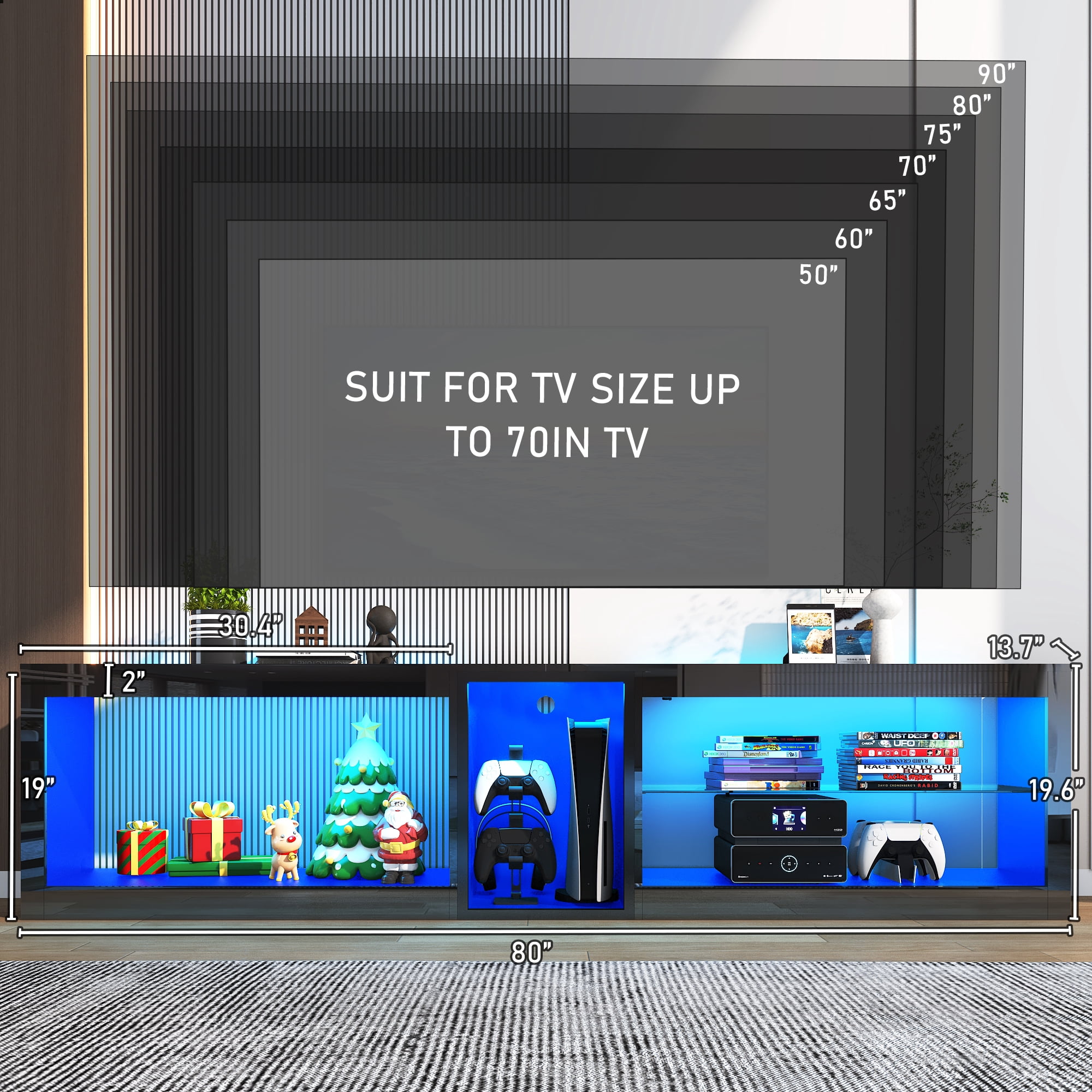 ChVans Modern LED TV Stand for TVs up to 90" with Adjustable LED Lights/Outlet, High Gloss Entertainment Center with Open Shelves Storage, Media Console TV Stands for Living Room, Game room, Bedroom