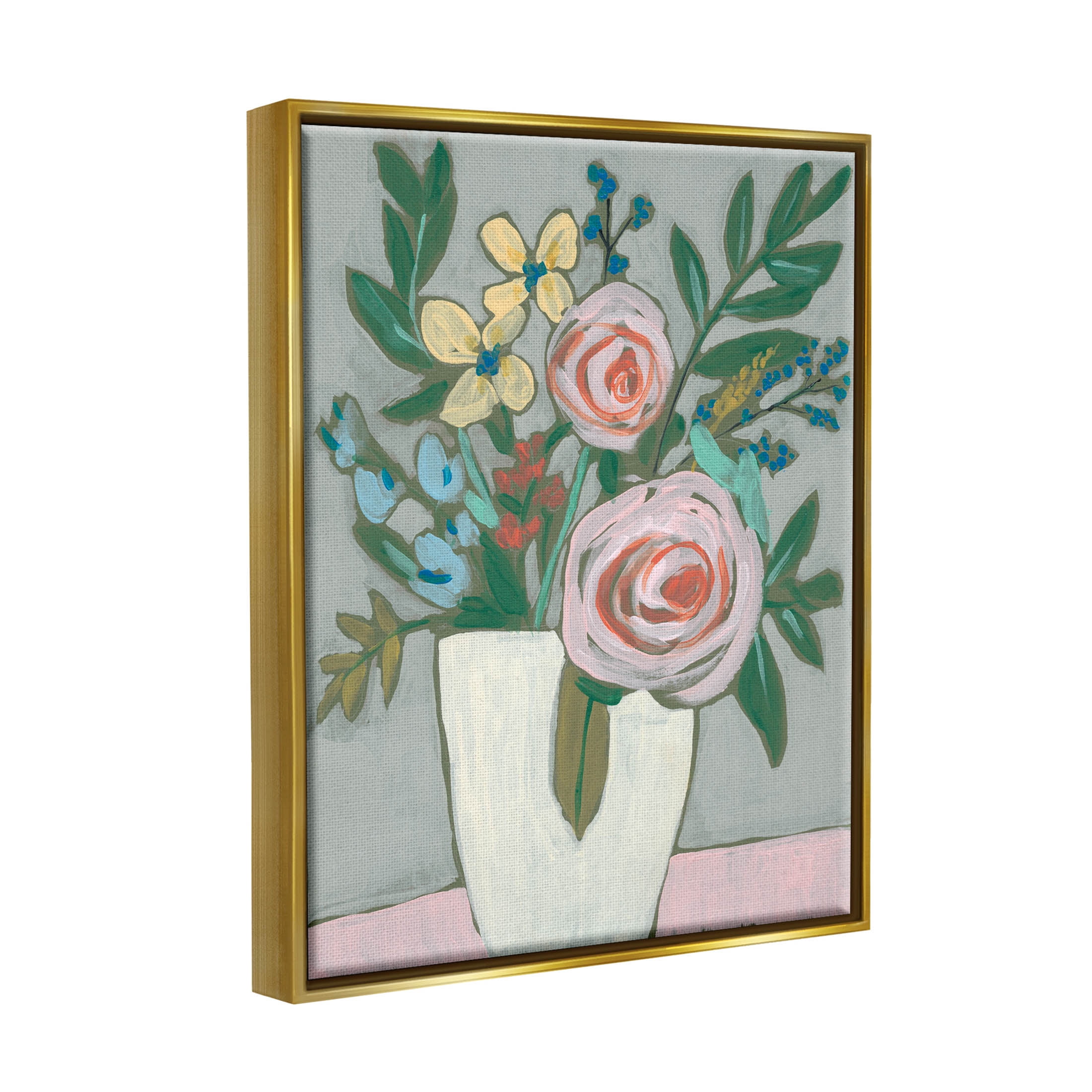 Mixed Rose Bouquet Abstract Botanical & Floral Painting Metallic Gold Framed Art Print Wall Art