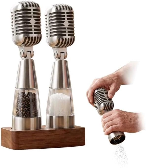 Vintage Microphone Salt and Pepper Grinder Set, Adjustable Spice Crusher Accessory for BBQ, Restaurant and Dining Table Decor