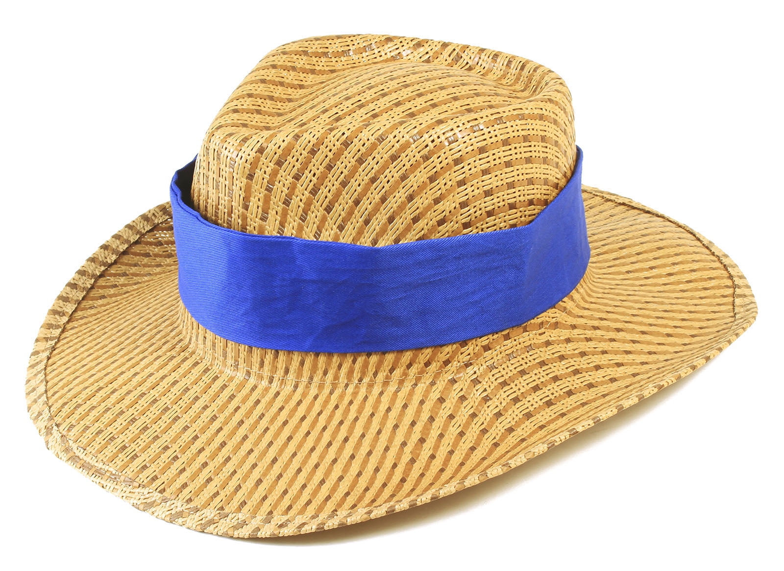 Western Style Straw Hat w/Flexible Brim & Detachable Band, Royal Blue