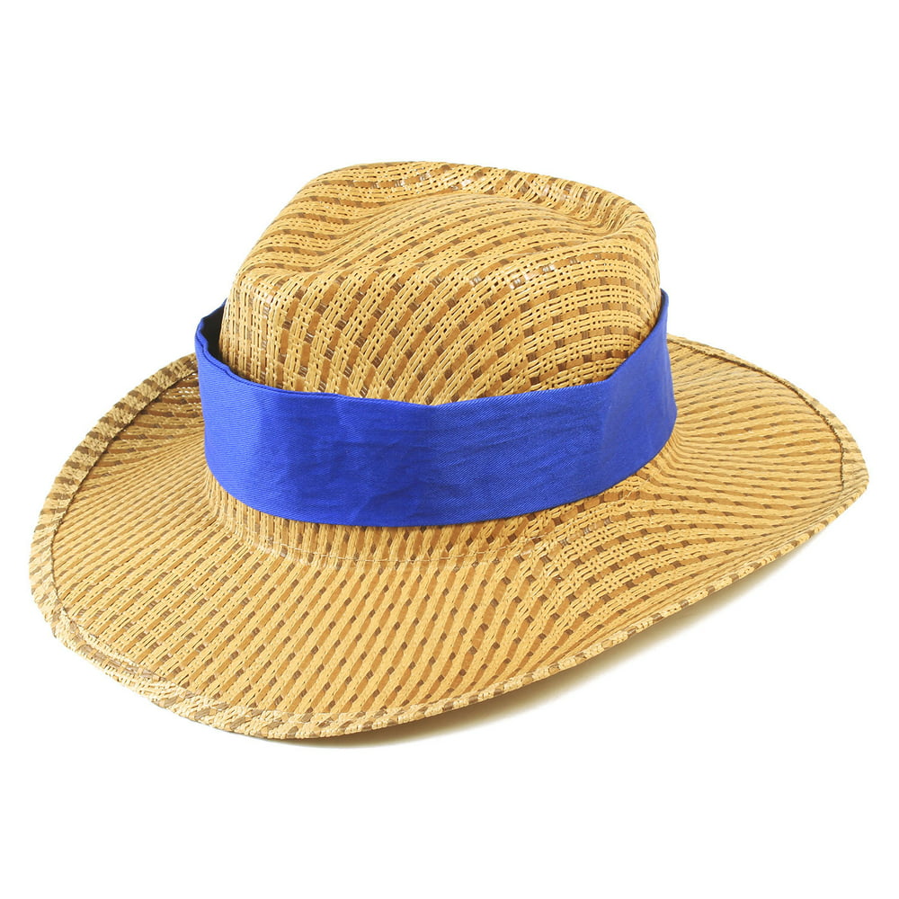Western Style Straw Hat w/Flexible Brim & Detachable Band, Royal Blue ...