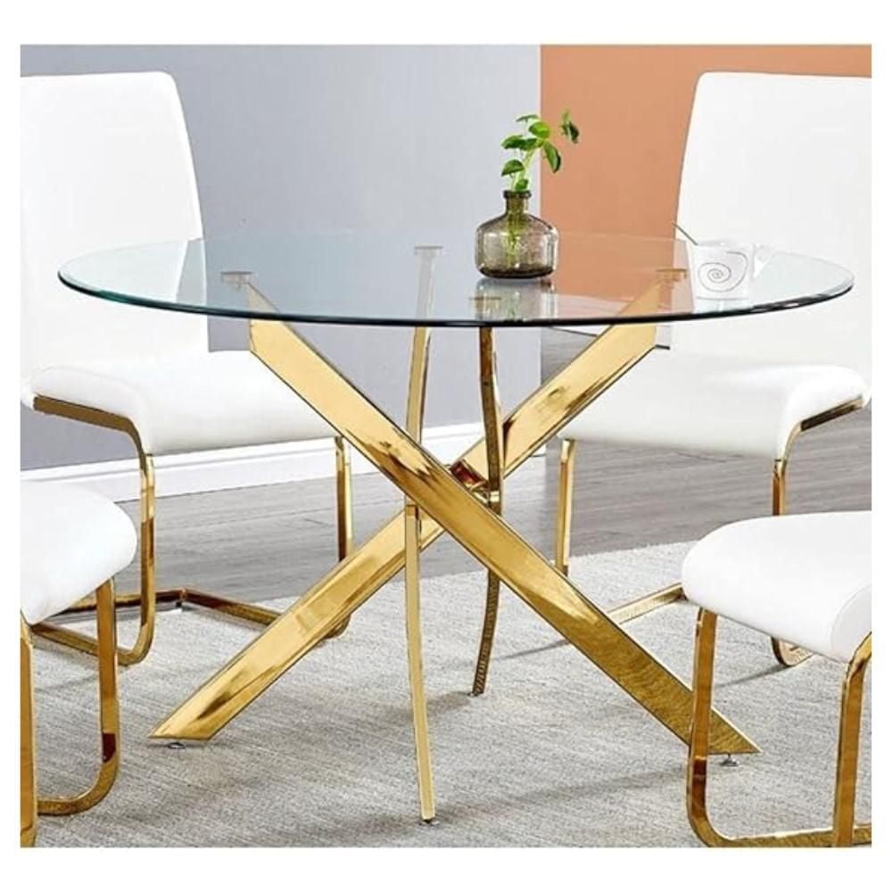 Diva Glass Star Dining Table with Tempered Glass Top and Polished Gold Stainless Steel Base – Elegantly Designed with a Unique Star-Inspired Base, Perfectly Sized to Comfortably Seat 6 People