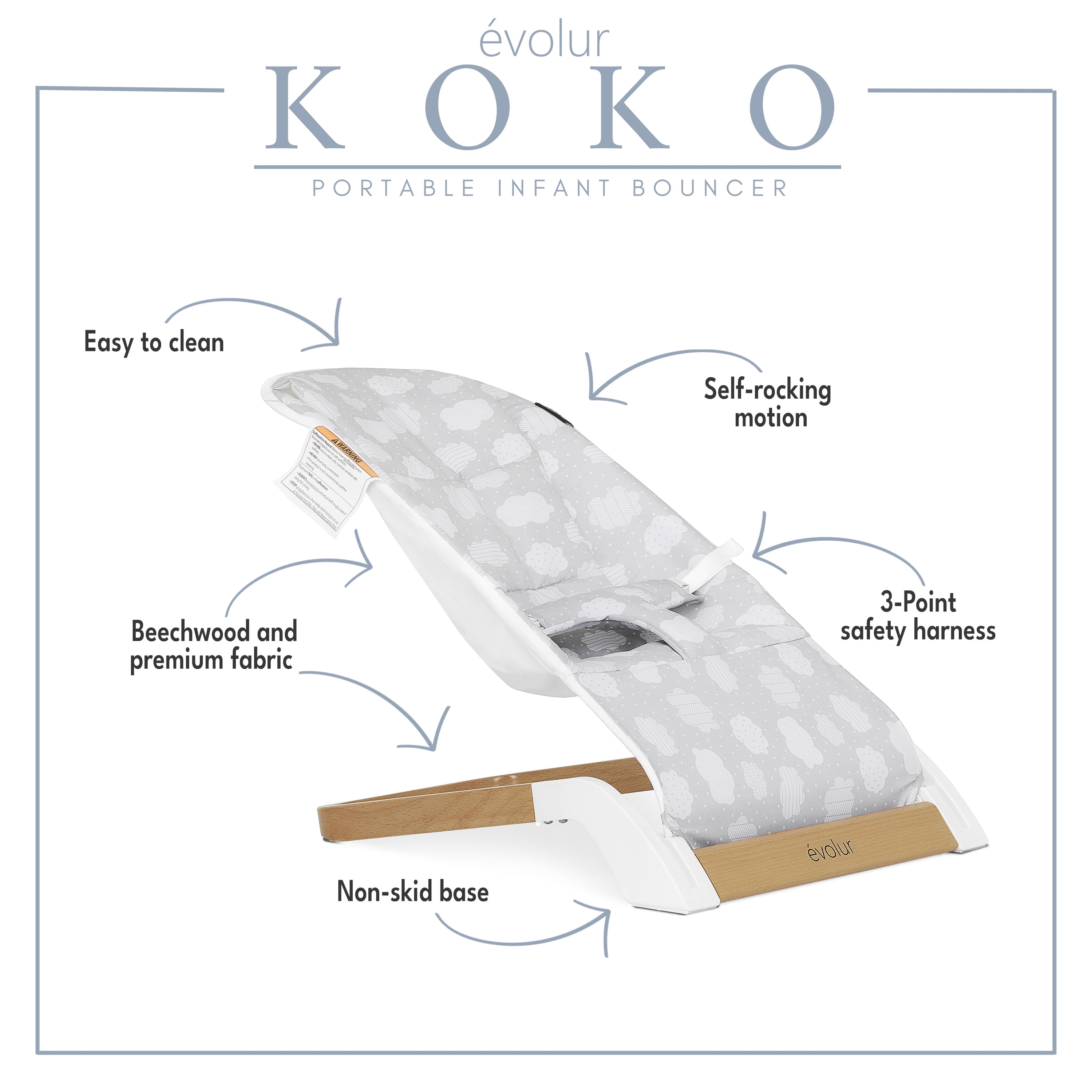 Evolur Koko Portable Infant Bouncer in Light Gray Breathable Fabric