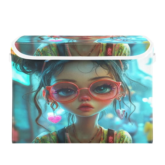 Storage Box With Lid 16.5x12.6x11.8In Foldable Stacked Household Storage Box Super Cute People