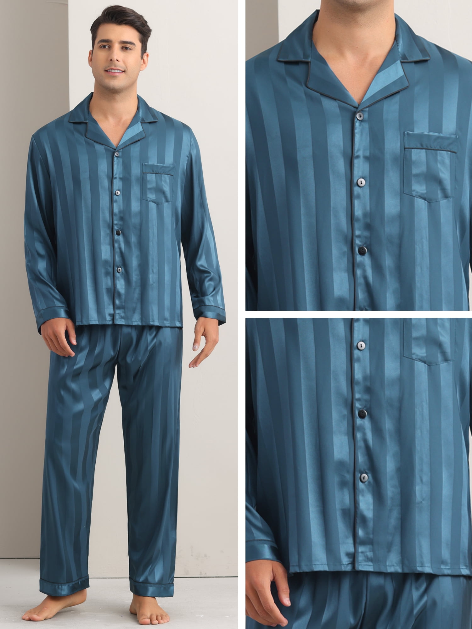 DARING DIVA Men's 2-Piece Long Sleeve Top And Pants Striped Pajama Set S Dark Blue