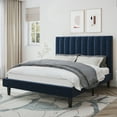 thumbnail image 2 of Amolife Full Size Platform Bed Frame with Upholstered Velvet Channel Headboard, Dark Blue, 2 of 10