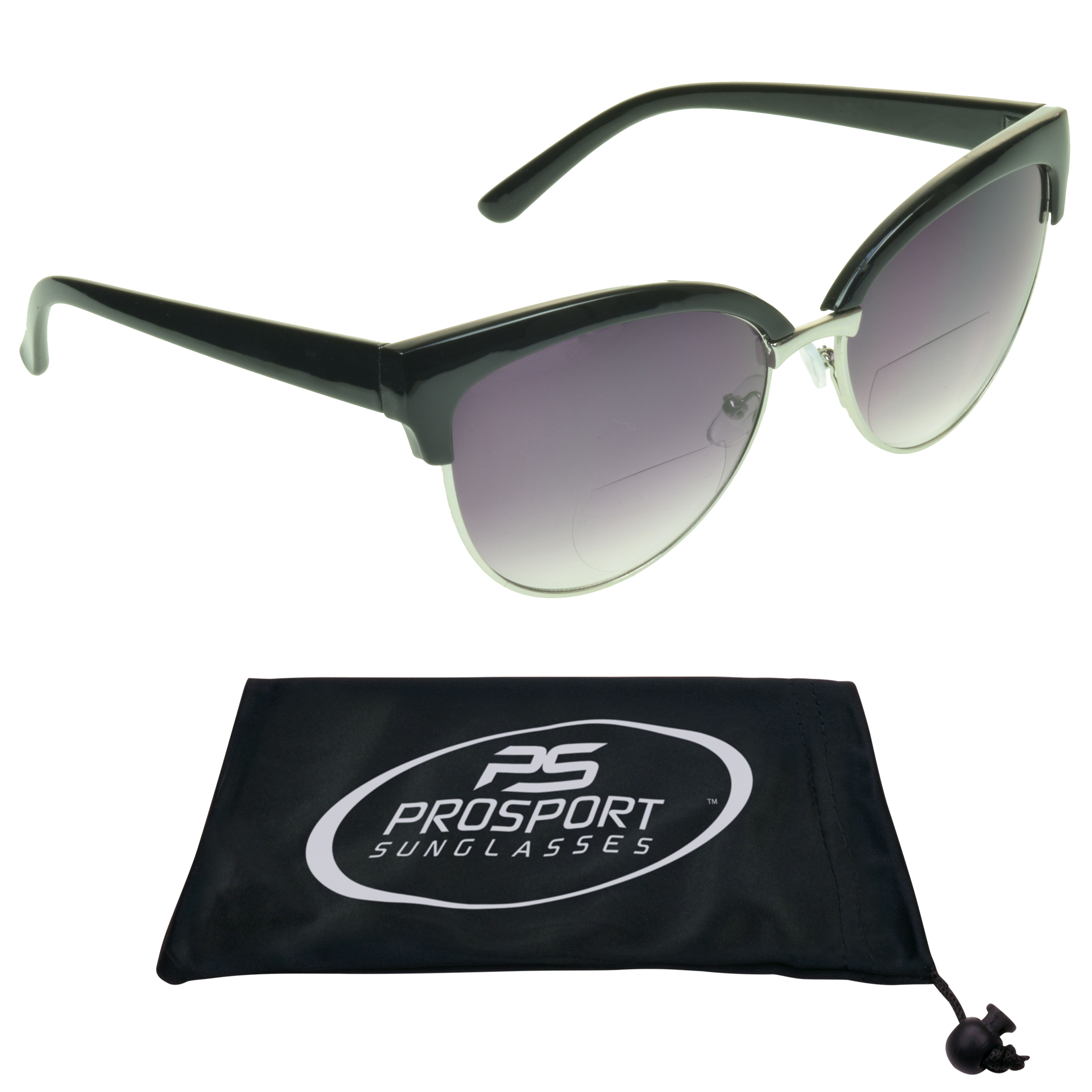 proSPORT Women Bifocal Reading Cateye Fashion Horn Rim Sunglasses Black Silver Frame Smoke Lens +1.25 - image 1 of 5