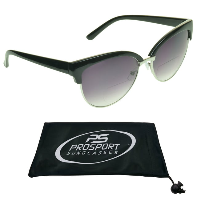 proSPORT Women Bifocal Reading Cateye Fashion Horn Rim Sunglasses Black Silver Frame Smoke Lens +1.25