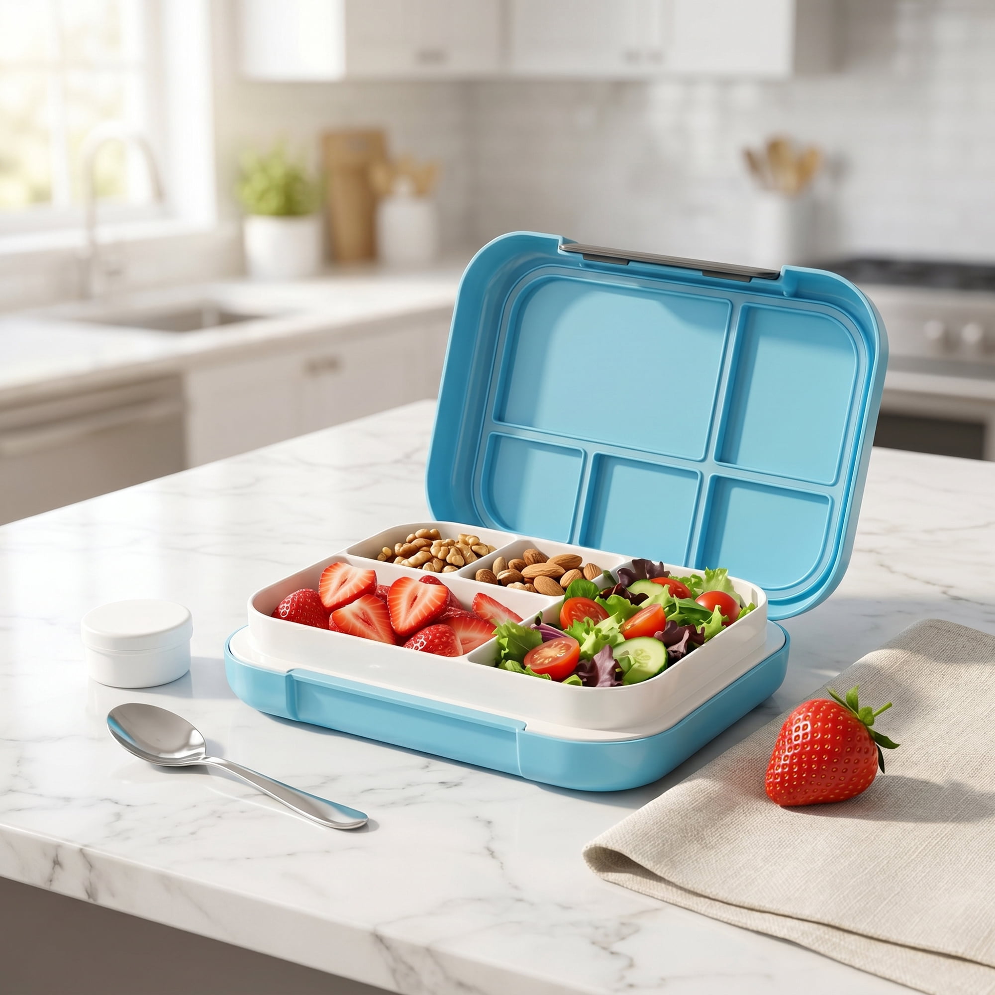 Unique Bargains 3-Compartment Leak-Proof Meal Lunch Bento Box Blue