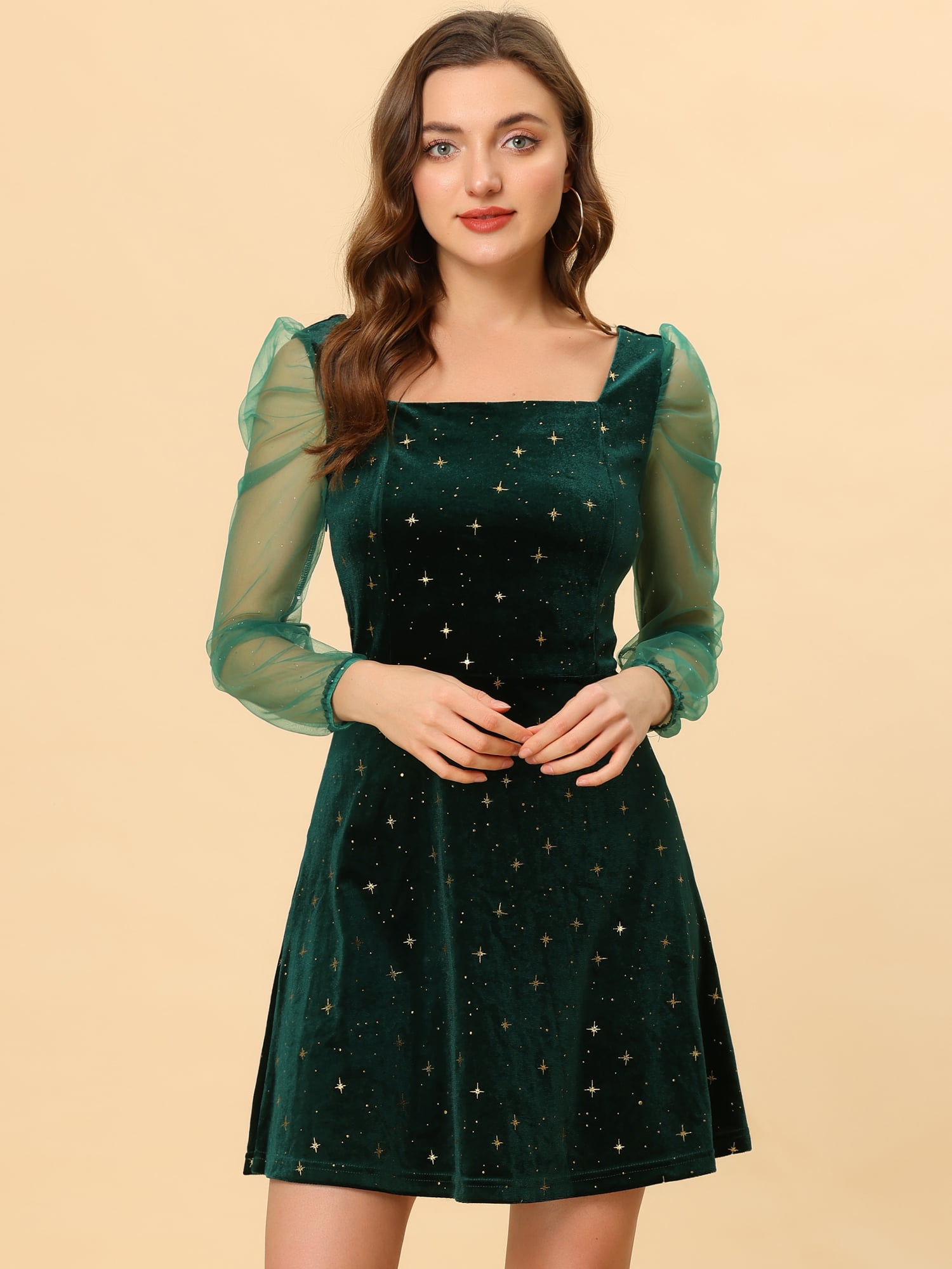 DARING DIVA Square Neck Mesh Sheer Sleeve Glitter Star Velvet Mini Dress M Green