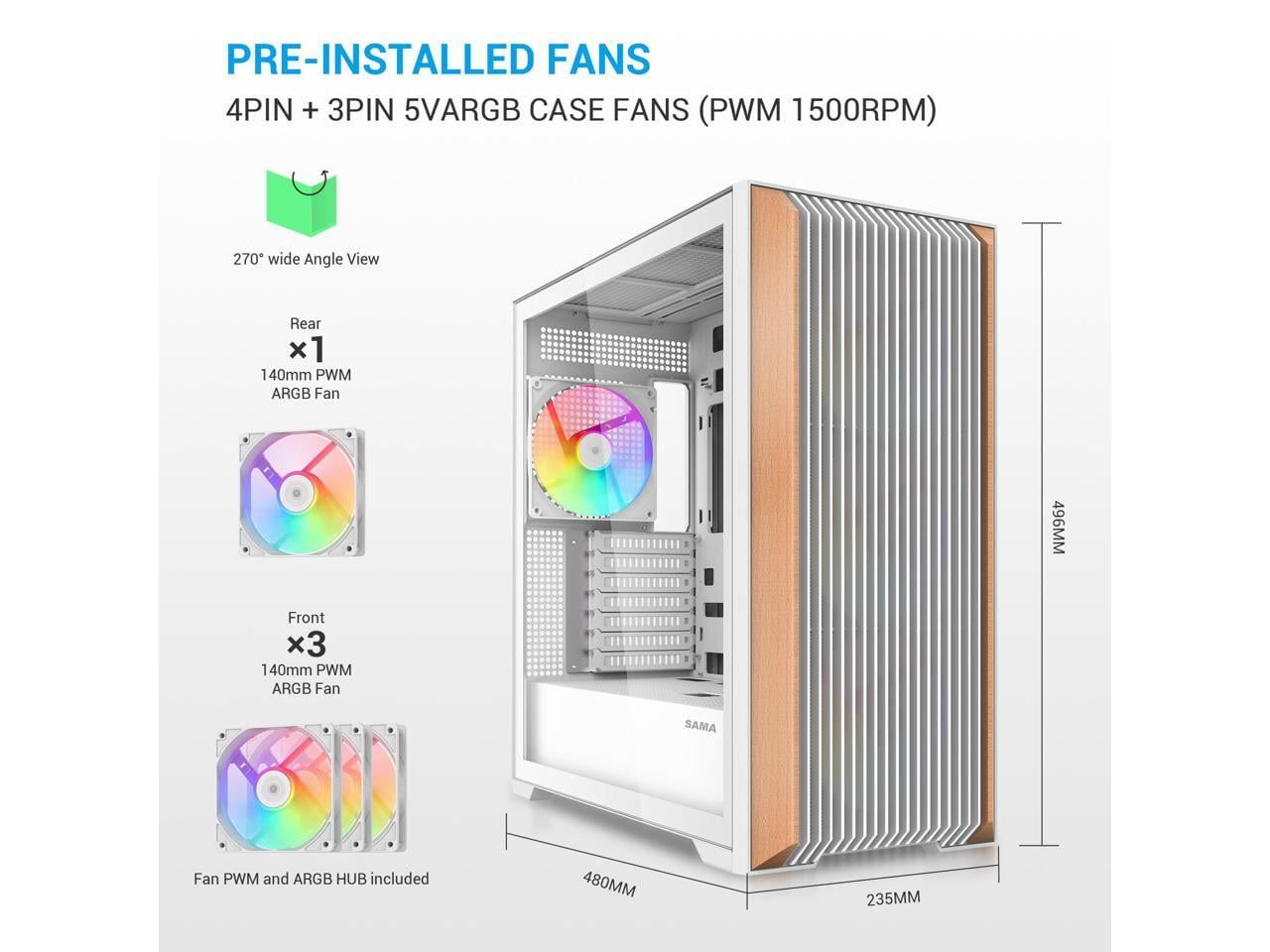 SAMA Z60 White Genuine Walnut Wood PC Case, ATX Mid Tower, Pre-Installed 4x 140mm ARGB PWM Fans, Supports 360mm Radiator on Top, Type-C Port, Supports E-ATX/ATX/M-ATX/ITX, Gaming Case