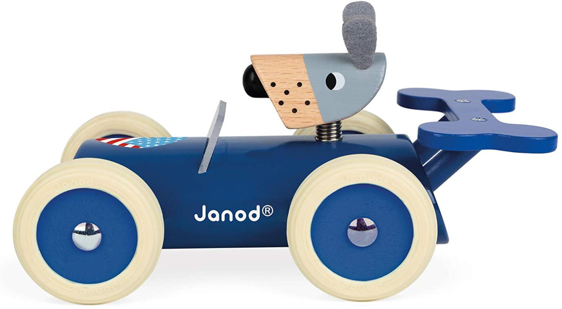 One Color Janod Spirit Solid Cherry Wood Car Push Toy with Child-Safe Water-Based Lacquer & Wobbly Rony Rhino Driver for Ages 18 Months+ J04492 Rubber Wheels 